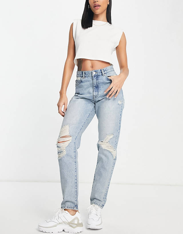 Dr Denim - nora mom jeans with rips in mid wash blue