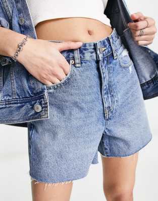 Dr Denim Nora straight leg denim shorts in mid blue