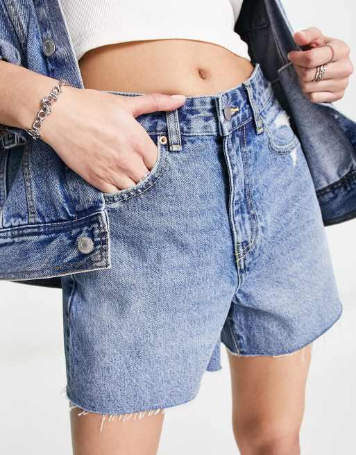 Katie High Rise Crossover Denim Shorts - Distressed Vintage Indigo