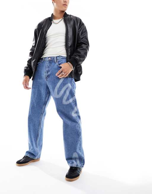 Dr Denim - Omar - Jeans dritti ampi color Stream Sky con dettagli rétro effetto spray