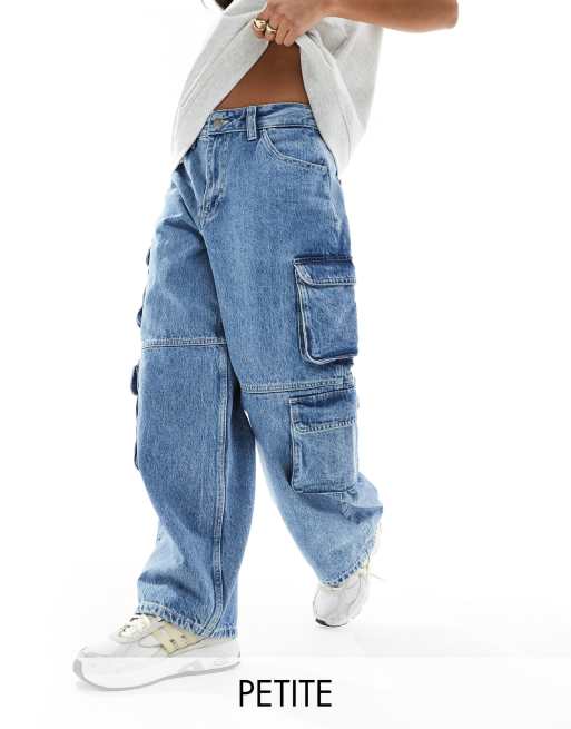 Dr. Denim Petite - Donna - Ruimvallende modulaire jeans met hoge taille, rechte pijpen en cargozakken in stream sky retro wassing