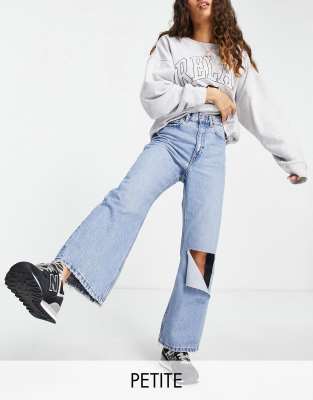 Dr Denim Petite Echo high waisted straight leg jeans with ripped knee in blue - ASOS Price Checker
