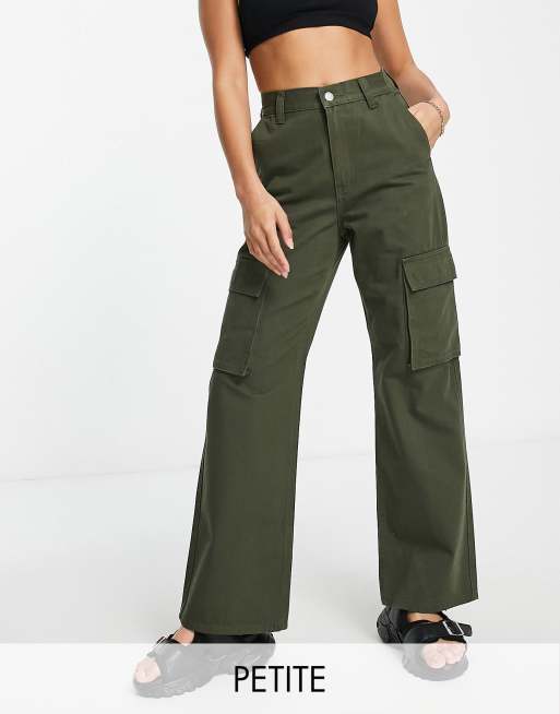 Dr Denim Petite Echo sky high wide leg cargo pants in khaki | ASOS