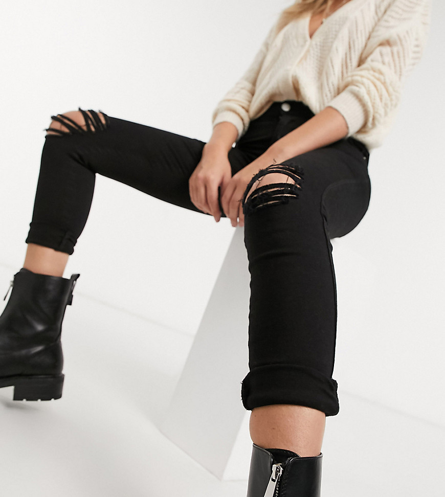 Dr Denim Petite – Lexy – Superenge schwarze Jeans mit mittelhohem Bund und Knierissen