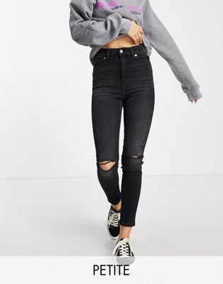 Dr Denim Petite Moxy skinny jeans with ripped knees in black mist | ASOS