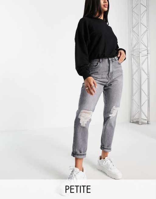 Dr Denim Petite Nora high rise mom jeans with rips in washed gray