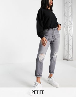 Dr Denim Petite Nora high rise mom jeans with rips in washed grey - ASOS Price Checker