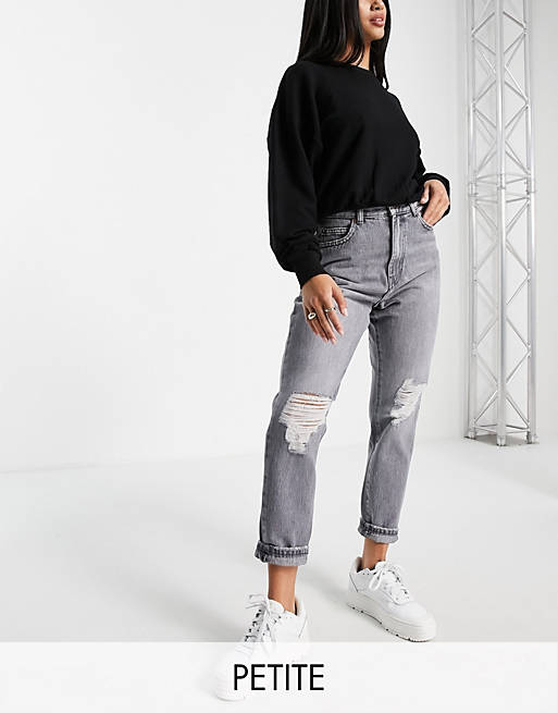 Women Dr Denim Petite Nora high rise mom jeans with rips in washed grey 