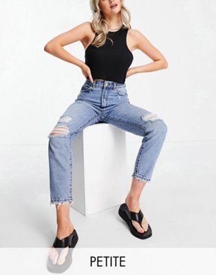 Dr Denim Petite Nora high rise mom jeans with ripped knees in mid wash blue - ASOS Price Checker