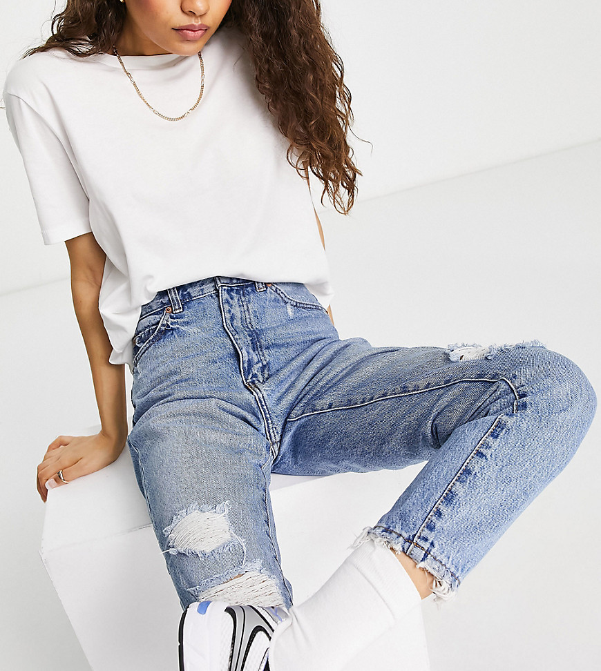 Dr Denim Petite Nora Ripped Mom Jeans In Blue Jay