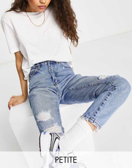 Dr Denim Petite Nora ripped mom jeans in blue jay