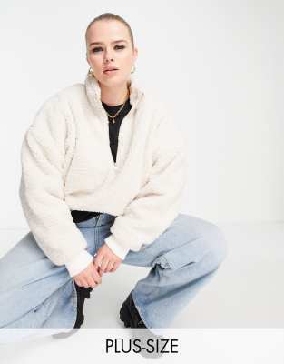 Dr Denim Plus boxy fit half zip borg pullover jacket in off white - ASOS Price Checker