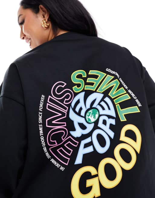 Dr Denim Plus – Czarny luźny T-shirt z długimi rękawami i grafiką z napisem „Good Times Since Forever” na plecach