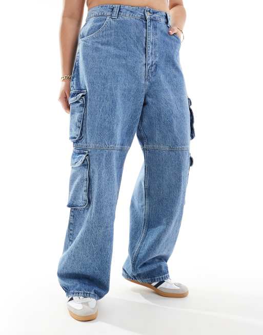 Dr Denim Plus Donna multi modular cargo relaxed fit high waist straight leg jeans in stream sky retro wash, 5 of 5