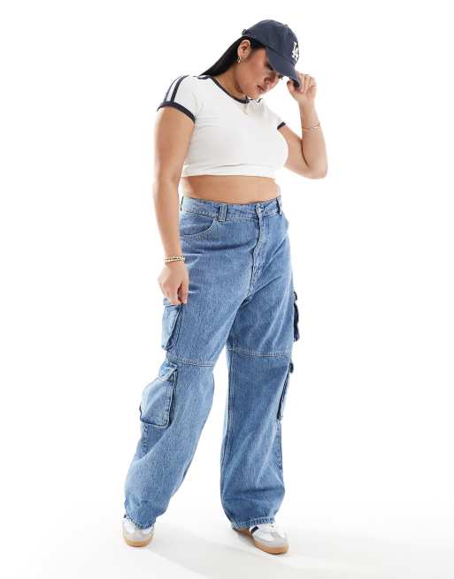 Dr. Denim - Plus- Donna - Ruimvallende modulaire jeans met  hoge taille, rechte pijpen en cargozakken in stream sky retro wassing