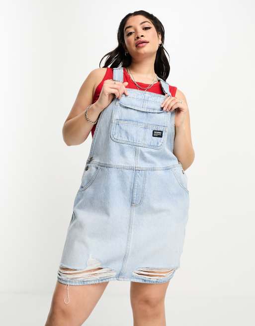 Monki Dungaree Midi Denim Dress in Blue