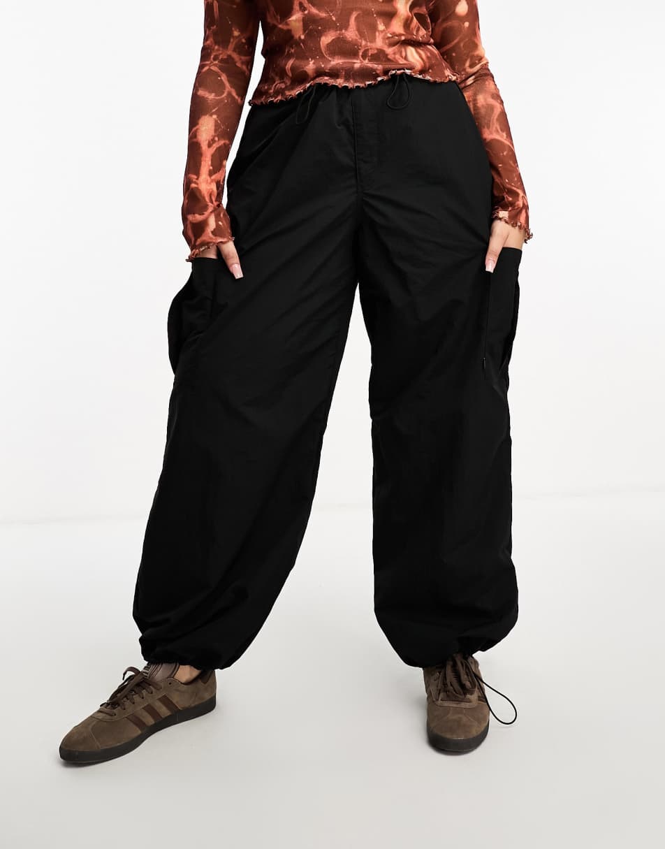 Plus Black Nylon Wide Leg Cargo Pants