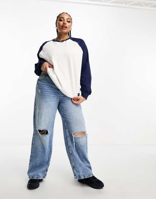 Dr Denim Plus - Langærmet T-shirts i blå og hvid
