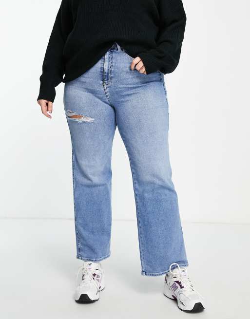 Dr Denim Plus – Moxy – Mellanblå jeans med raka ben och extra hög midja, 3 av 4