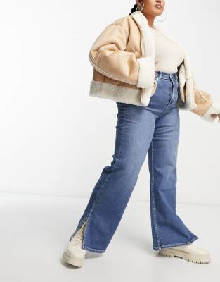 Dr Denim Plus Moxy straight leg shoe split jeans in mid blue - ASOS Price Checker