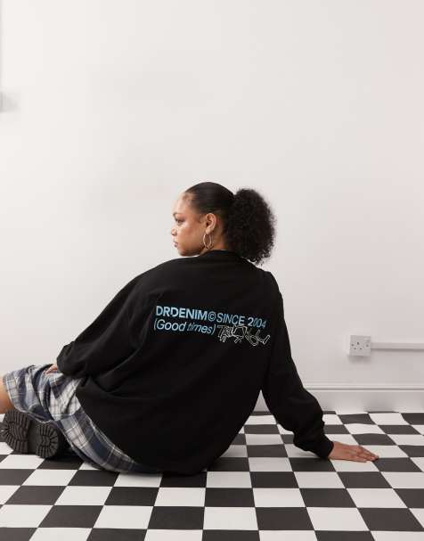 Dr Denim Plus - Ruimvallend T-shirt met lange mouwen en blauwe grafische print in zwart - view 1