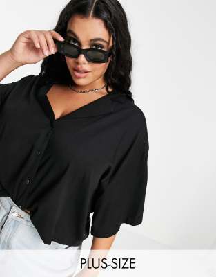 Dr Denim Plus short sleeve drop shoulder resort blouse in black - ASOS Price Checker