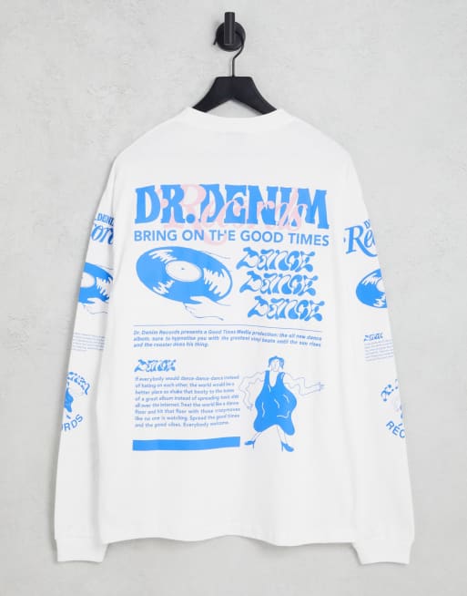 Dr Denim – Reno – Langärmliges Shirt in Weiß mit Grafikprint auf dem Rücken