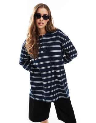 Dr Denim Dr Denim Reno Polo relaxed fit long sleevetop in navy and white stripe