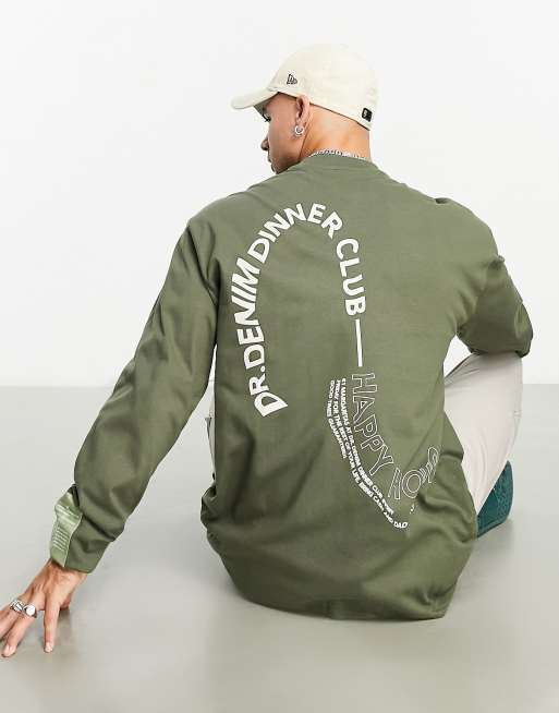 Dr Denim Reno relaxed fit long sleeve top in olive with happy hour back print