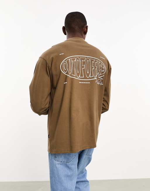 Dr Denim Reno relaxed fit long sleeve top with 'out of office' graphic print in brown