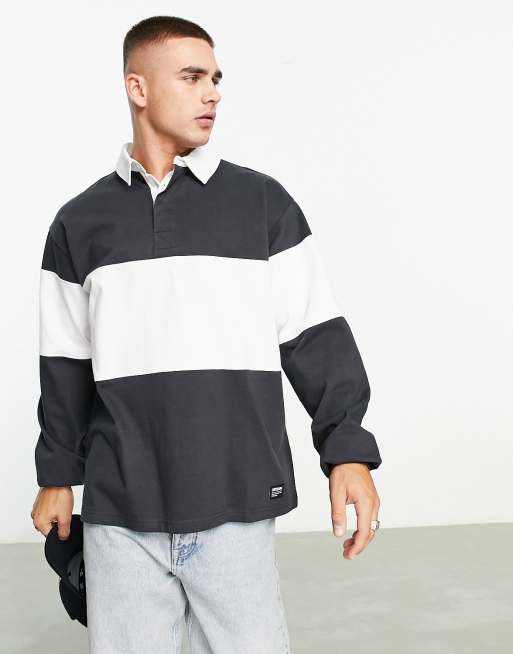 Dr Denim - Reno - Top comodo stile rugby grigio scuro e bianco