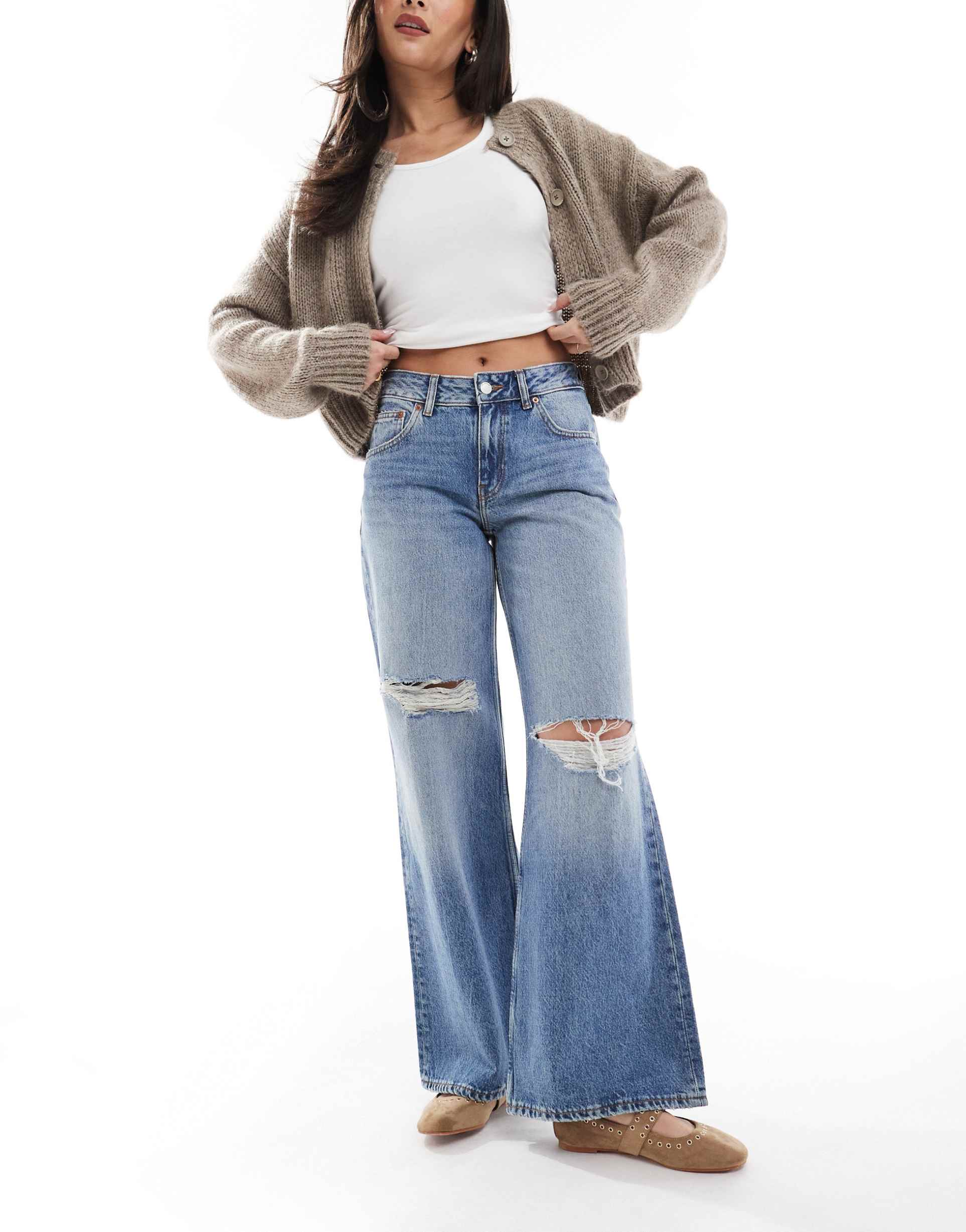 dr denim rhue low rise wide leg flare jeans with rips in stream sky fade wash