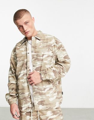 Dr Denim Split co-ord relaxed fit coach jacket in taupe camo with happy hour back print