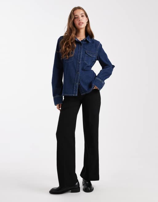 Dr Denim structured regular fit long sleeve midweight denim shirt in darkwash indigo blue, 2 of 4