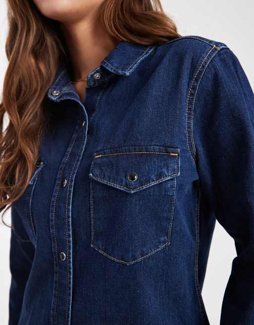 Dr Denim structured regular fit long sleeve midweight denim shirt in darkwash indigo blue, 3 of 4