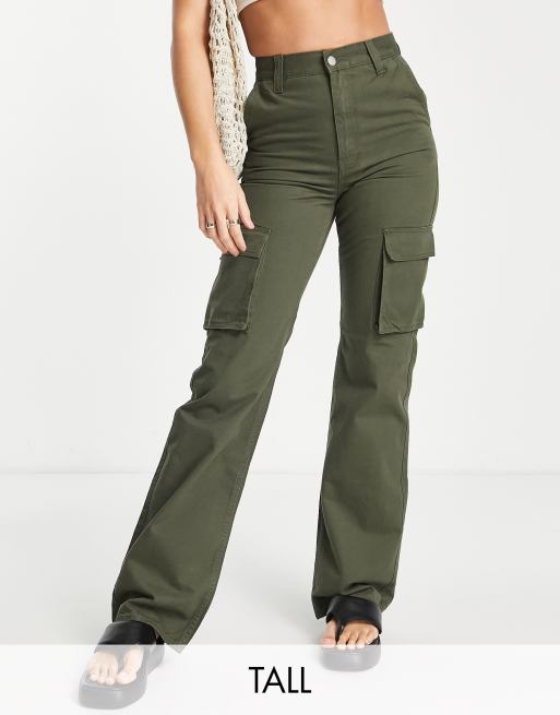 Dr Denim Tall Echo sky high wide leg cargo pants in khaki | ASOS