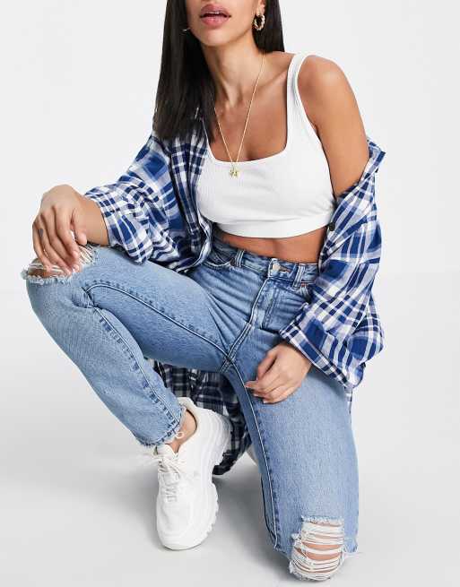 Dr Denim Tall Nora Mom Jeans In Blau Mit Hoher Taille Und Rissen Am Knie Asos