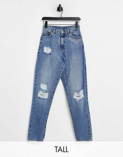 Dr. Denim Nora High Rise Mom Jeans With Ripped Knees in Blue