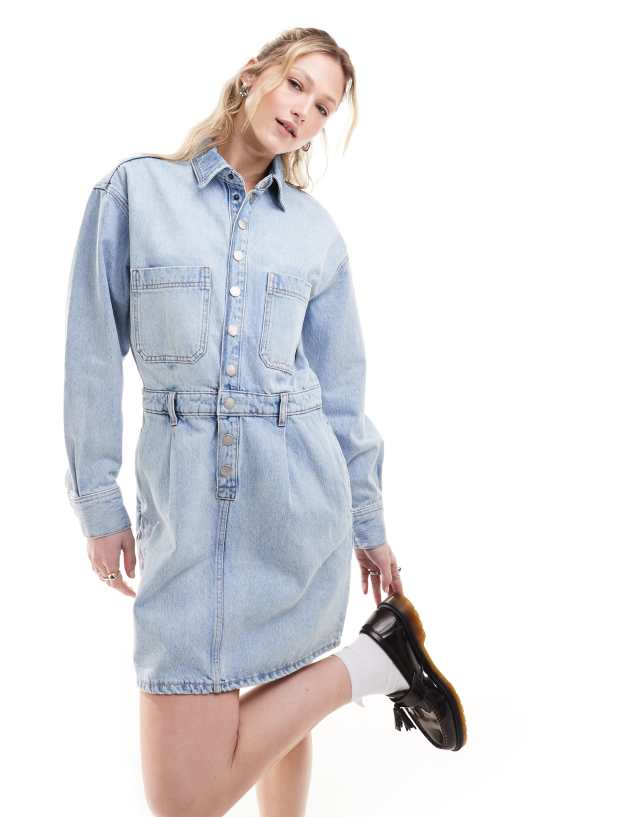 Dr Denim - teegan long sleeve relaxed fit mini denim dress in stream light worn wash