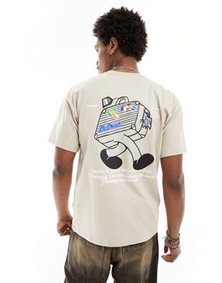 Dr Denim Trooper American 90's cut relaxed fit t-shirt with 'world traveller' graphic back print in pale taupe