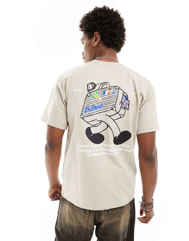 Dr Denim - trooper american 90's cut relaxed fit t-shirt with 'world traveller' graphic back print in pale taupe