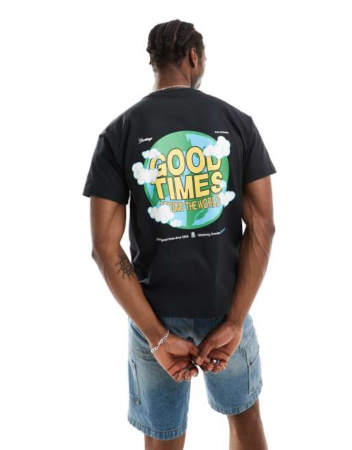 Dr. Denim - Trooper American - Ruimvallend T-shirt met jaren 90-stijl snit en 'World Traveller'-print op de achterkant in gebroken zwart