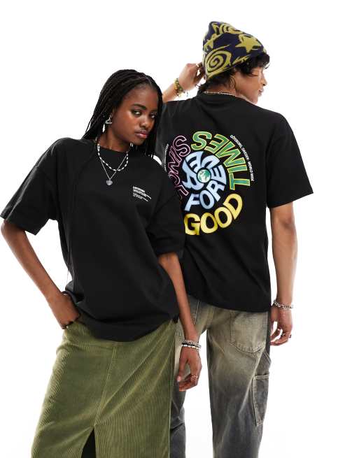 Dr Denim – Trooper – Czarny T-shirt unisex o luźnym kroju z grafiką z napisem „Good Times Since Forever” na plecach