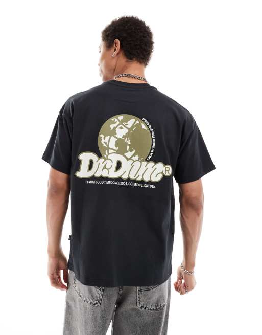 Dr Denim – Trooper – Luźny T-shirt w kolorze złamanej czerni z zieloną grafiką na plecach