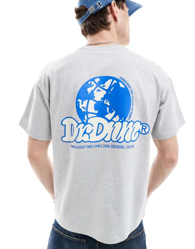 Dr Denim - trooper relaxed fit t-shirt with around the world back graphic print in light grey melange