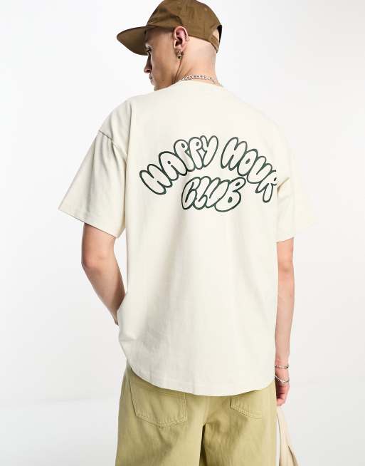 Dr Denim Trooper fit T-shirt with happy hour back graphic print in off white