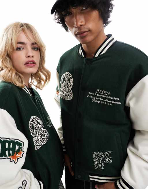 Dr Denim unisex Annivarsity jacket in green patched