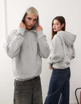 Dr Denim Dr Denim unisex Damien relaxed fit heavyweight brushed fabric hoodie with DD peace back graphic in grey melange