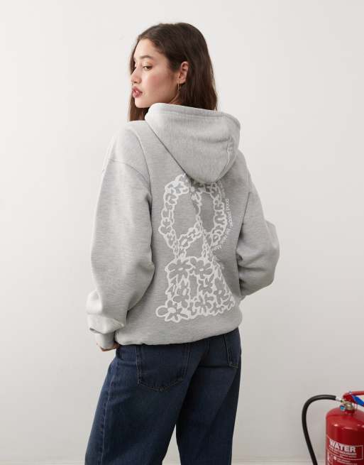 Dr Denim unisex Damien relaxed fit heavyweight brushed fabric hoodie with DD peace back graphic in grey melange