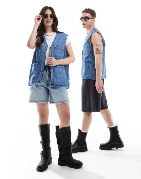 Dr Denim unisex Denver Worker Vest zip up workwear vest jacket in stream sku retro contrast wash - view 1